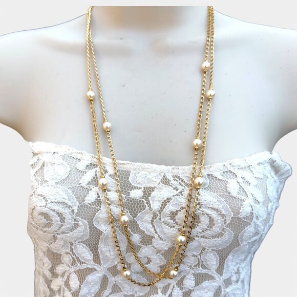 Napier Gold-Tone Double-Strand Chain  Necklace With Faux Pearl Accents- Vintage - Picture 2 of 7